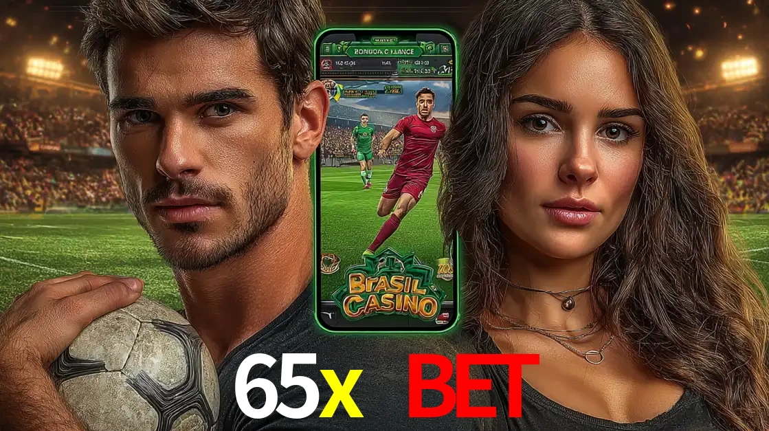 Homem segurando uma bola de futebol e uma mulher ao lado de um smartphone exibindo o jogo de apostas esportivas da 65x bet. Faça seu palpite no cassino online.